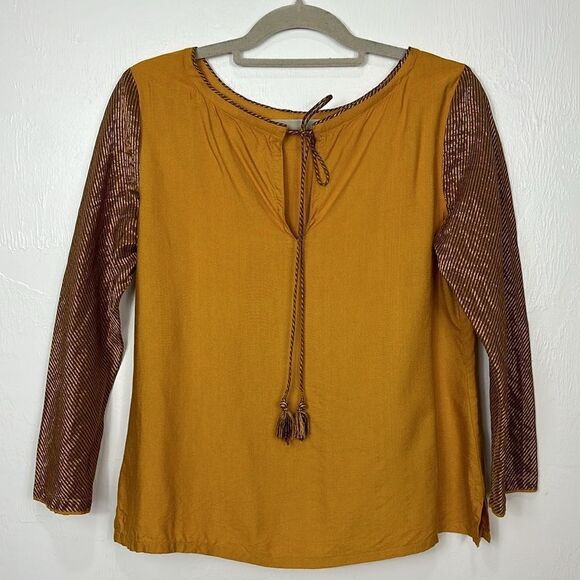 Fabindia Mustard Color Organza Sleeve Tie Neck Top Size L - Picture 3 of 9